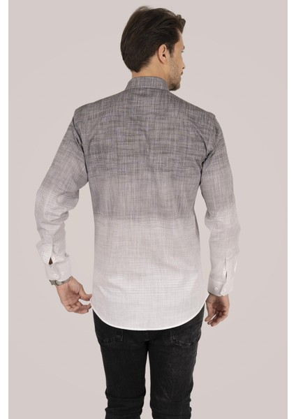 Panolu Gri Vişne Çizgili Keten Slimfit Erkek Gömlek