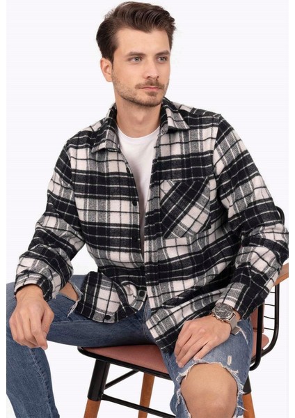 Siyah Beyaz Geçişli Oversize Oduncu Erkek Gömlek