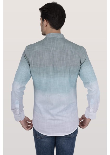 Panolu Yeşil Beyaz Geçişli Keten Slimfit Erkek Gömlek
