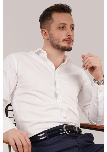 Beyaz Saten Slimfit Erkek Gömlek