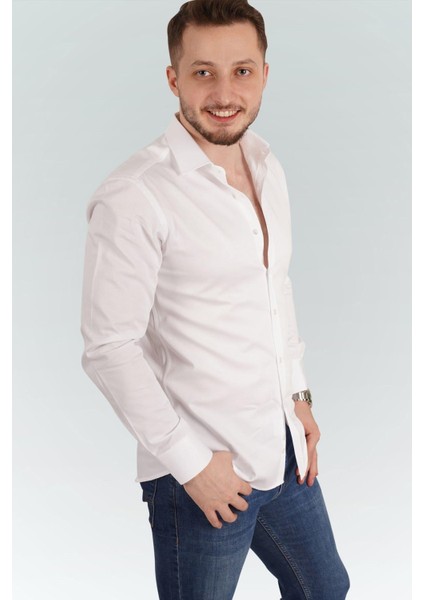 Beyaz Saten Slimfit Erkek Gömlek
