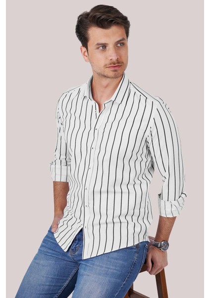 Beyaz Siyah Çizgili Slimfit Erkek Gömlek modelleri