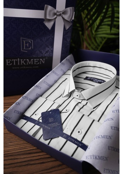 Beyaz Siyah Çizgili Slimfit Erkek Gömlek fırsatları