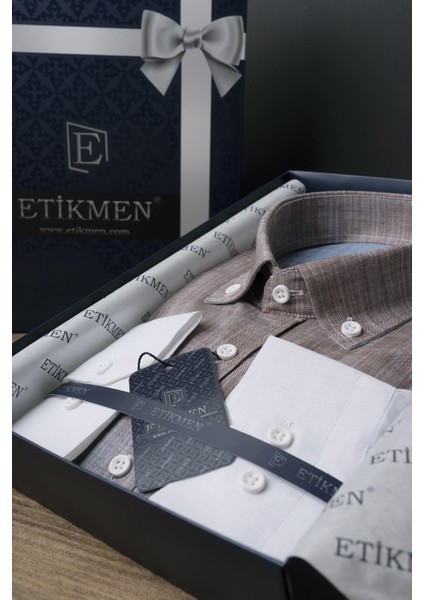 Panolu Kahve Mavi Geçişli Keten Slimfit Erkek Gömlek fırsatları