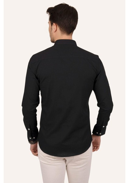 Siyah Yaka Düğmeli Keten Slimfit Erkek Gömlek