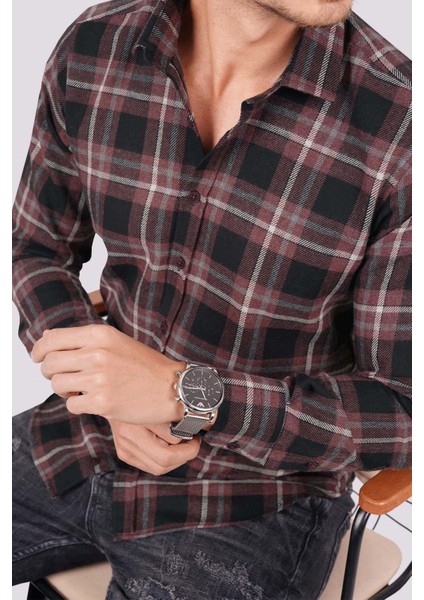 Bordo Beyaz Çizgili Slimfit Oduncu Erkek Gömlek