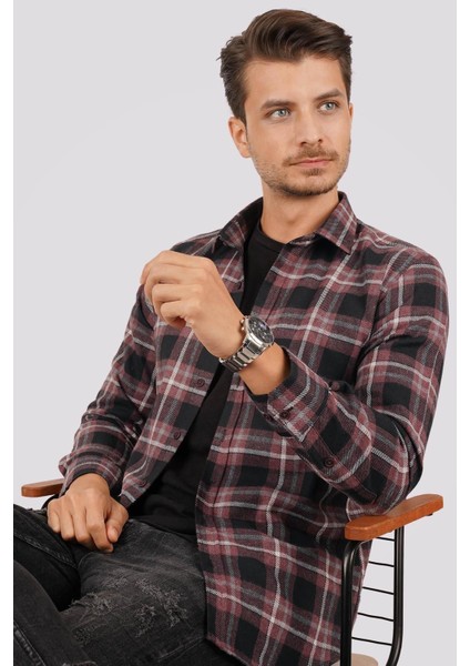 Bordo Beyaz Çizgili Slimfit Oduncu Erkek Gömlek fiyatları