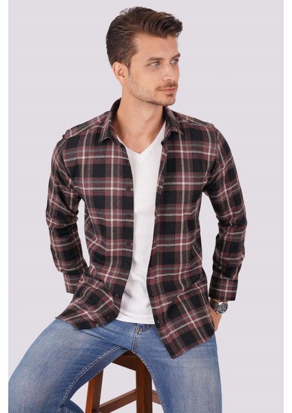 Bordo Beyaz Çizgili Slimfit Oduncu Erkek Gömlek modelleri
