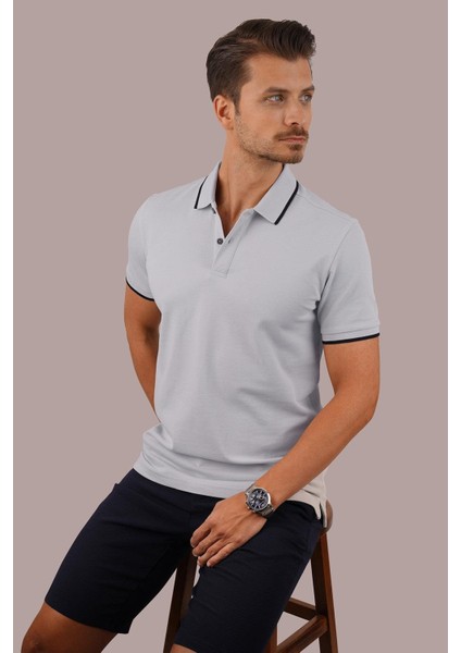 Gri Lacivert Yaka Çizgili Erkek Polo Yaka Tişört modelleri