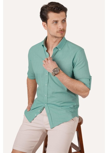 Mint Yaka Düğmeli Keten Slimfit Erkek Gömlek modelleri