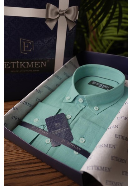 Mint Yaka Düğmeli Keten Slimfit Erkek Gömlek fırsatları