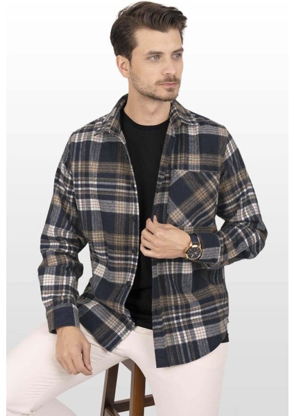 Lacivert Kahve Geçişli Oversize Oduncu Erkek Gömlek