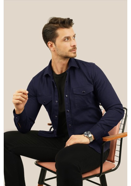 Lacivert Slimfit Gerçek Kot Erkek Gömlek modelleri