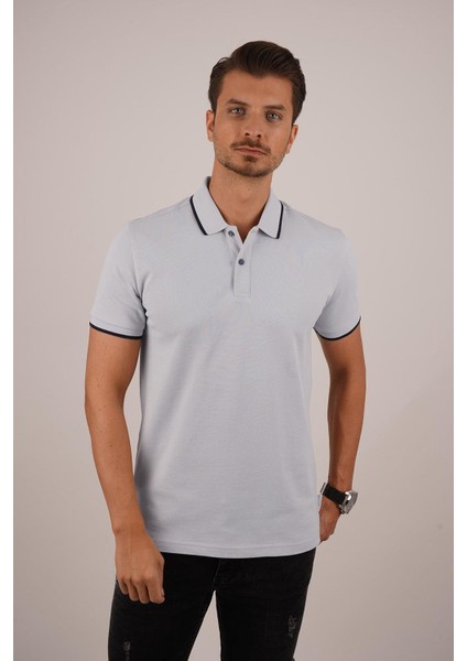 Gri Lacivert Yaka Çizgili Erkek Polo Yaka Tişört