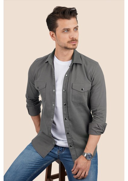 Füme Slimfit Gerçek Kot Erkek Gömlek modelleri