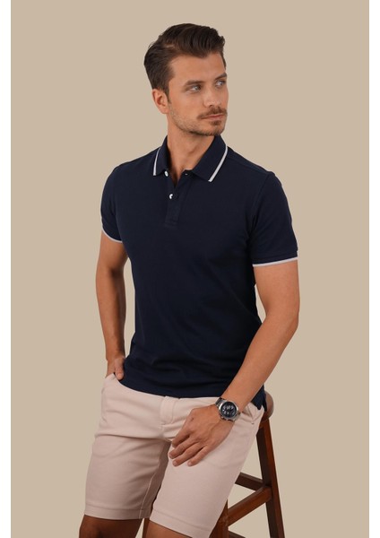 Lacivert Gri Yaka Çizgili Erkek Polo Yaka Tişört modelleri