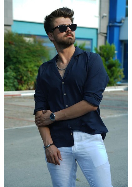 Lacivert Keten Apaj Yaka Oversize Erkek Gömlek