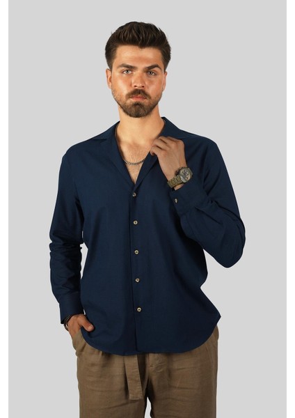 Lacivert Keten Apaj Yaka Oversize Erkek Gömlek