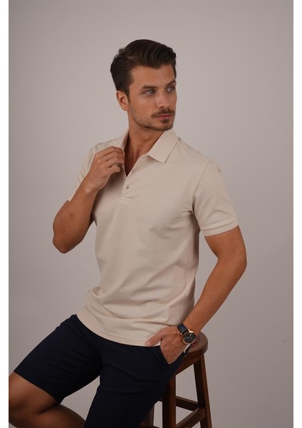 Bej Yaka Desenli Erkek Polo Yaka Tişört modelleri