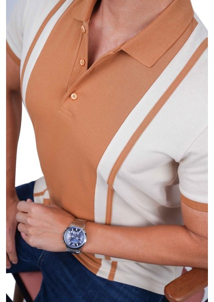 Bej Taba Çift Renkli Erkek Polo Yaka Tişört