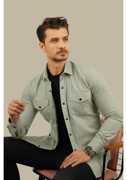 Açık Taş Rengi Slimfit Gerçek Kot Erkek Gömlek