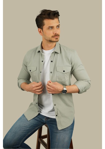 Açık Taş Rengi Slimfit Gerçek Kot Erkek Gömlek