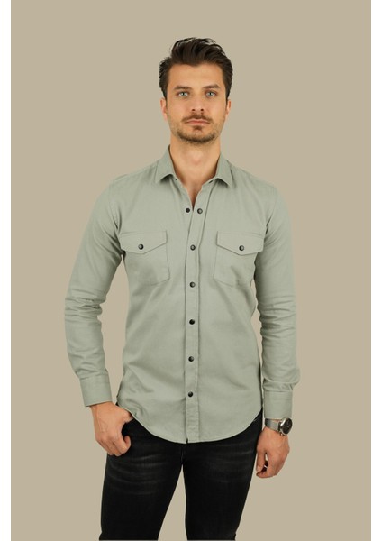 Açık Taş Rengi Slimfit Gerçek Kot Erkek Gömlek