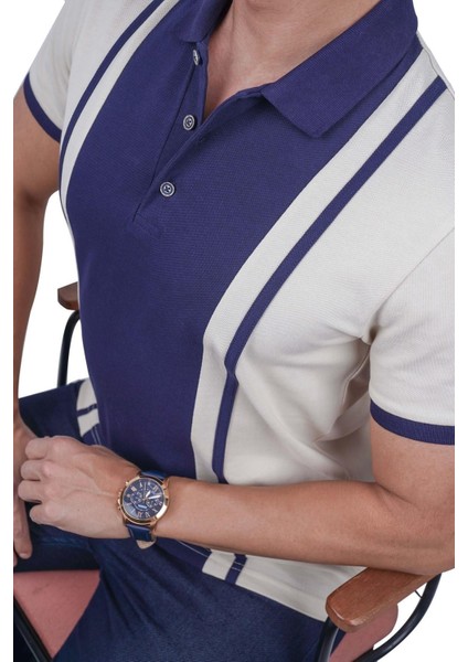 Bej Lacivert Çift Renkli Erkek Polo Yaka Tişört