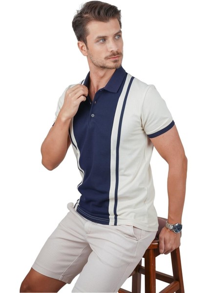 Bej Lacivert Çift Renkli Erkek Polo Yaka Tişört modelleri