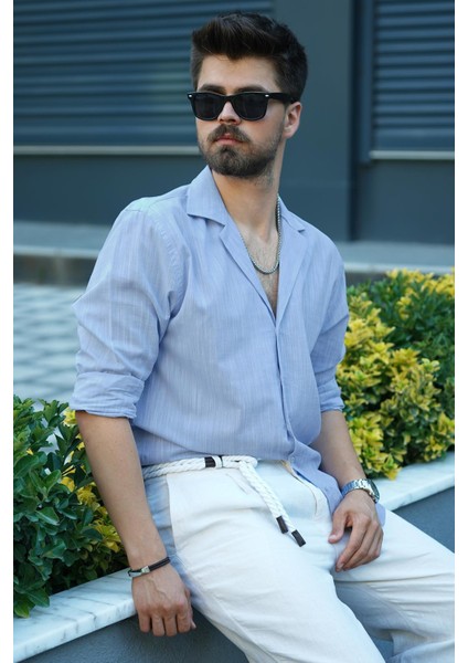 Mavi Keten Apaj Yaka Oversize Erkek Gömlek