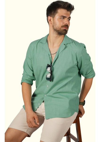 Mint Yeşili Keten Apaj Yaka Oversize Erkek Gömlek modelleri