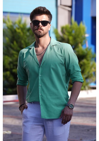 Mint Yeşili Keten Apaj Yaka Oversize Erkek Gömlek
