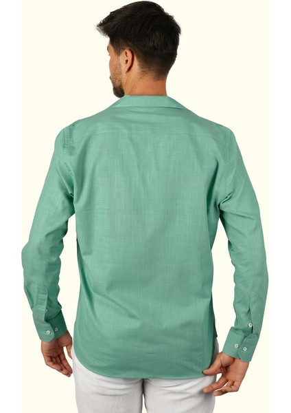 Mint Yeşili Keten Apaj Yaka Oversize Erkek Gömlek