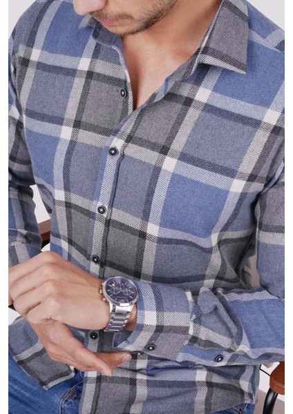 Mavi Gri Kareli Slimfit Oduncu Erkek Gömlek