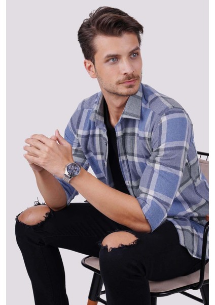 Mavi Gri Kareli Slimfit Oduncu Erkek Gömlek fiyatları