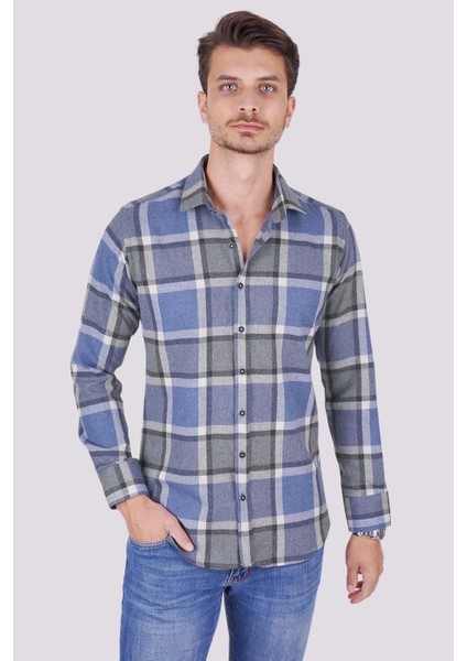 Mavi Gri Kareli Slimfit Oduncu Erkek Gömlek indirimleri