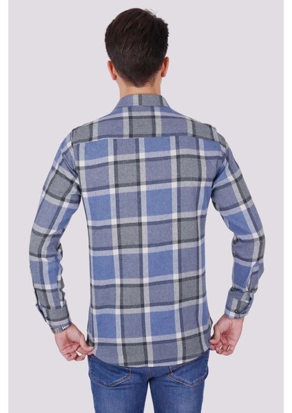 Mavi Gri Kareli Slimfit Oduncu Erkek Gömlek