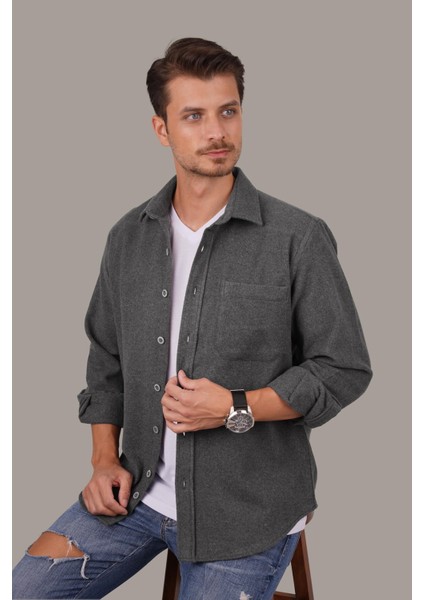Füme Düz Oversize Oduncu Erkek Gömlek