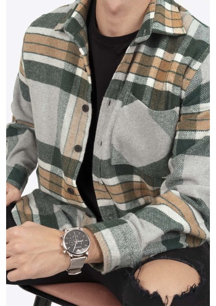 Gri Yeşil Geçişli Oversize Oduncu Erkek Gömlek