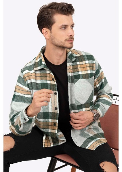 Gri Yeşil Geçişli Oversize Oduncu Erkek Gömlek