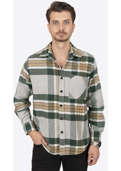 Gri Yeşil Geçişli Oversize Oduncu Erkek Gömlek
