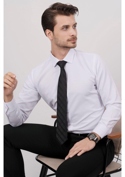 Beyaz Saten & Siyah Baklava Desen Hediye Kutulu Gömlek Kravat Seti modelleri