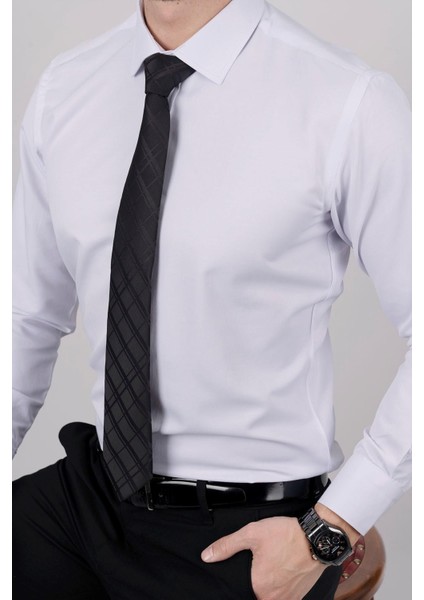 Beyaz Saten & Siyah Baklava Desen Hediye Kutulu Gömlek Kravat Seti fiyatları