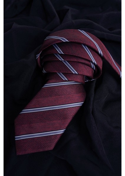 Beyaz Saten & Bordo Çizgi Desen Hediye Kutulu Gömlek Kravat Seti