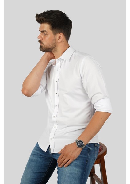 Beyaz Baklava Desen Slimfit Erkek Gömlek modelleri
