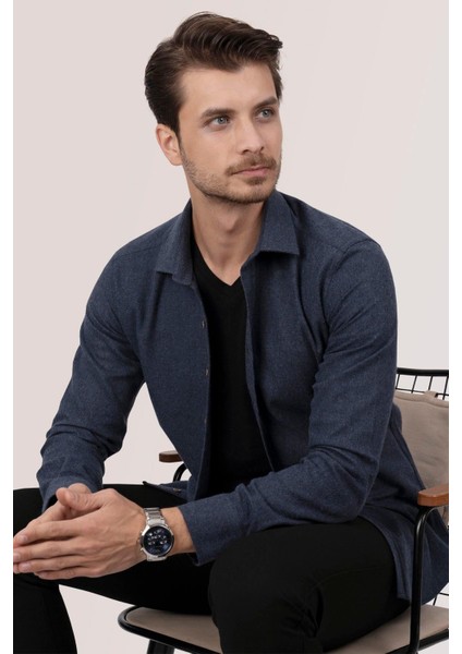 Lacivert Düz Oduncu Slimfit Erkek Gömlek
