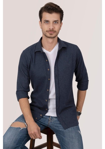 Lacivert Düz Oduncu Slimfit Erkek Gömlek