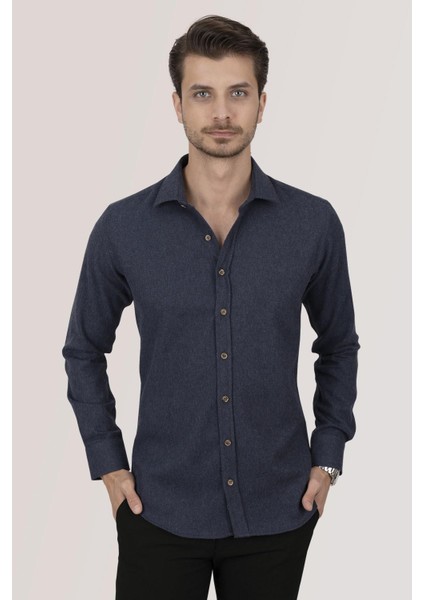 Lacivert Düz Oduncu Slimfit Erkek Gömlek