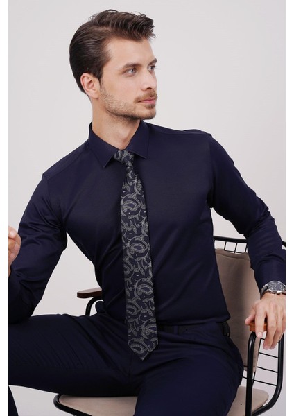 Lacivert Saten & Lacivert Şal Desen Hediye Kutulu Gömlek Kravat Seti modelleri