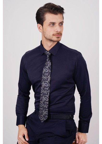 Lacivert Saten & Lacivert Şal Desen Hediye Kutulu Gömlek Kravat Seti